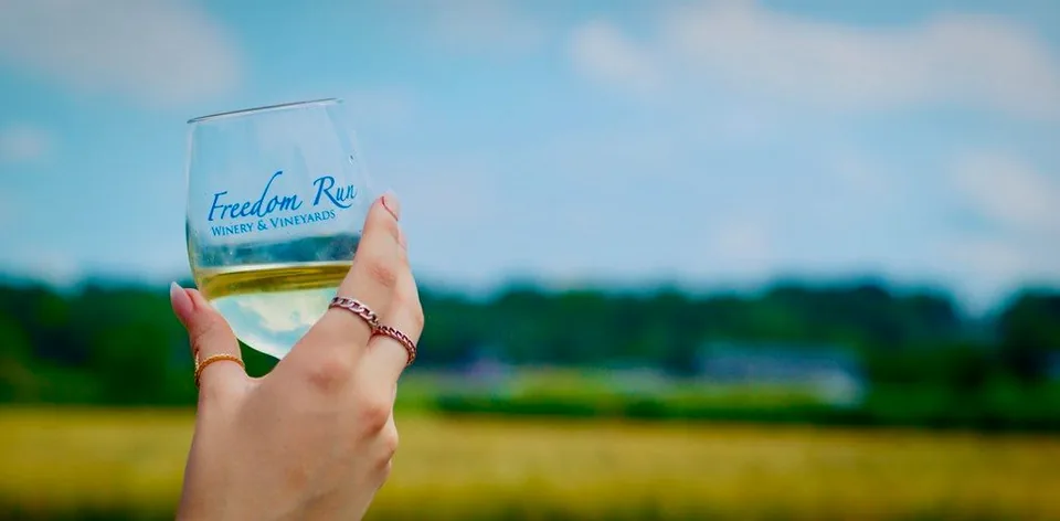 A Freedom Run wine glass held up against a green field and blue sky