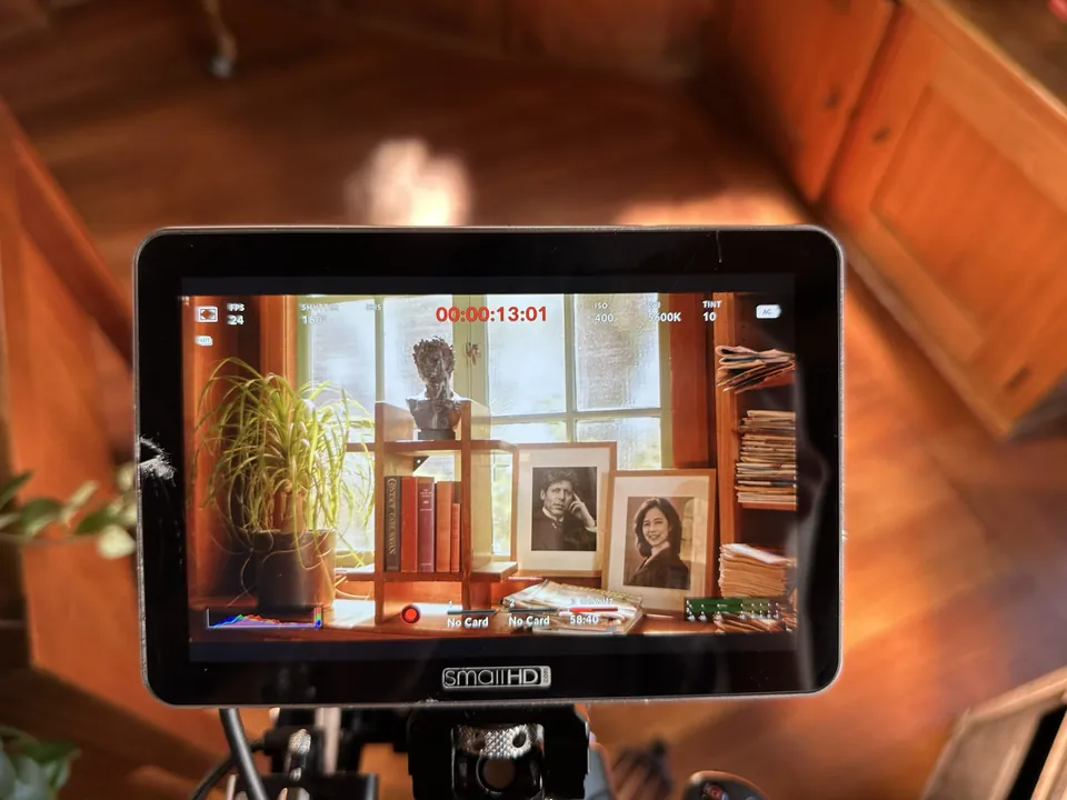 The camera monitor showing the opening shot of the bust and framed portraits